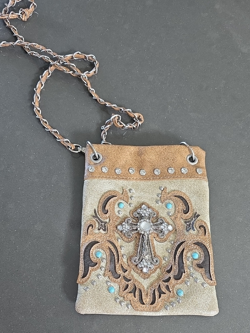 Source Unknown Tan and Turquoise Crossbody Bag with Rhinestone Cross